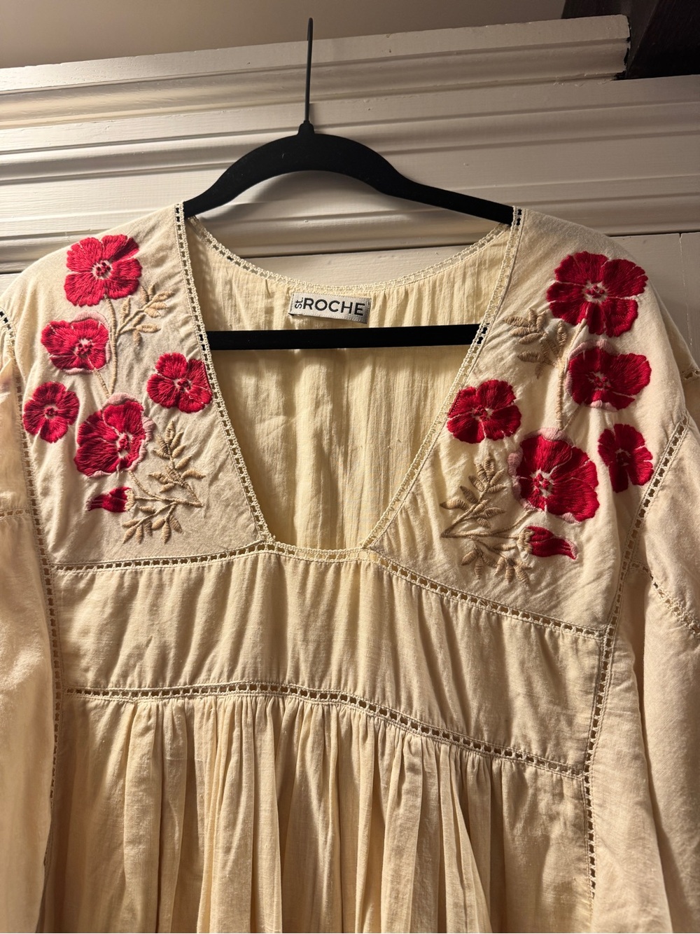 DeRoche Cream Long-Sleeve Embroidered V-Neck Dress with Red Floral Detail